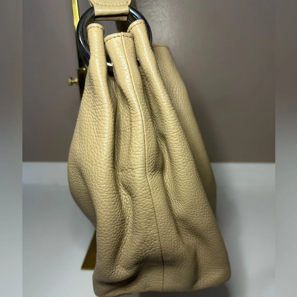 Furla Light Taupe Pebbled Leather Hobo Shoulder Bag with Tassel - EUC